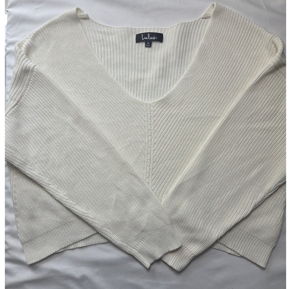 Lulus Womens V-Neck Ribbed Knit Cropped Sweater Cream White Size M Long Sleeve